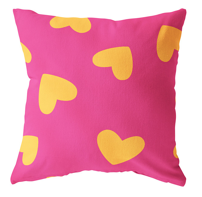 Buitenkussen Hartjes / fuchsia geel