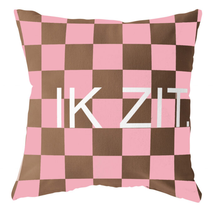 Buitenkussen Ik zit / geblokt roze bruin